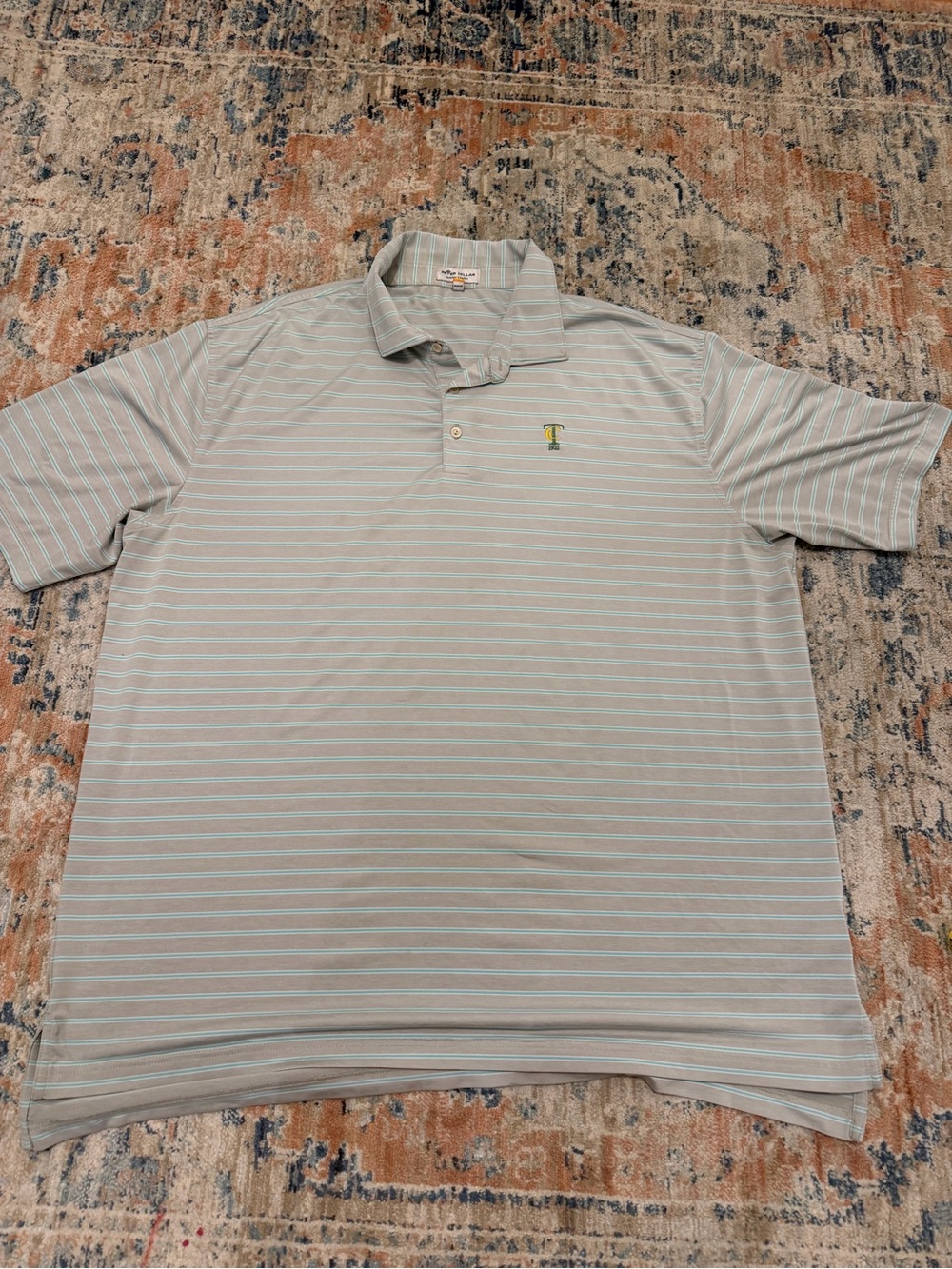 Peter Millar Light Gray Polo with Thin White & Pale Blue Stripes